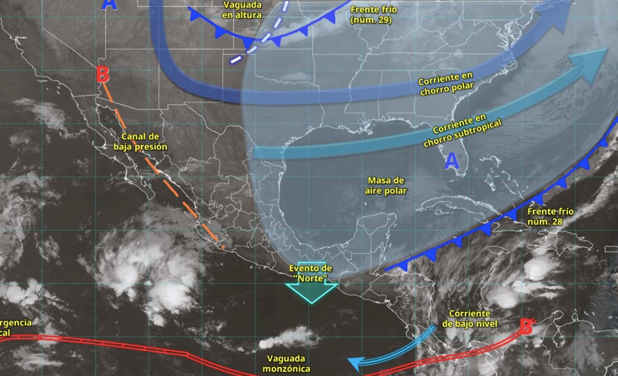 Mapa satelital de México con flechas indicando los sistemas metereológicos activos