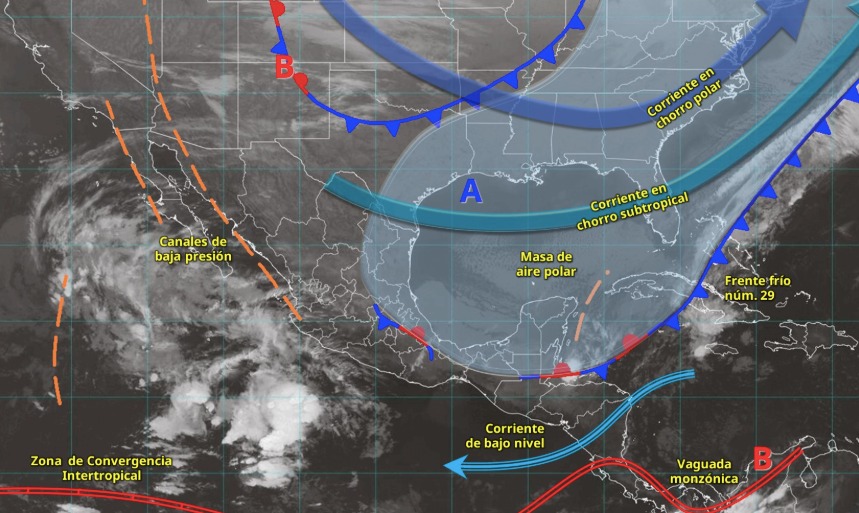 Mapa de México con flechas indicando los sistemas meteorológicos activos