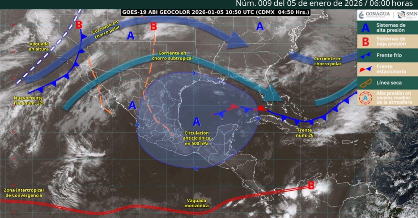 Mapa satelital de México con flechas indicando los sistemas metereológicos activos