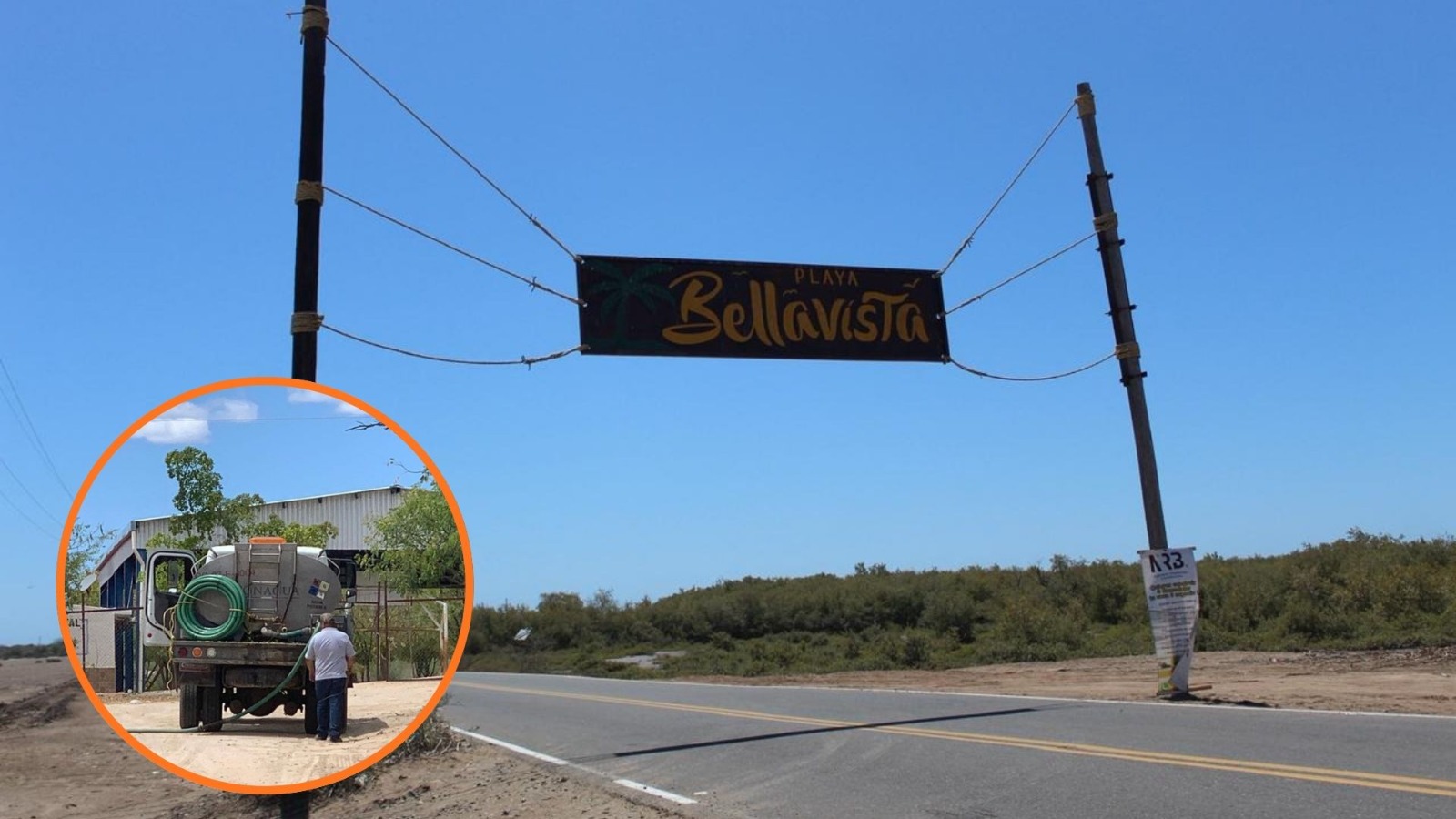 Cartel de bienvenida a Bellavista y pipa de agua