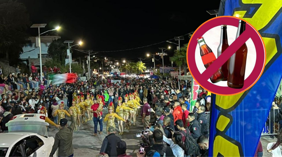En grande desfile de carnaval de Mazatlán y en circulo botellas de vidrio tachadas