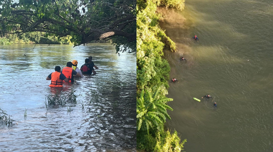 Elementos del ayuntamiento y protección civil dentro de aguas realizando búsqueda