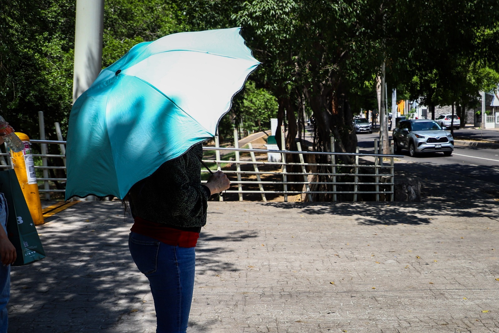 señora con paraguas azul en el sol