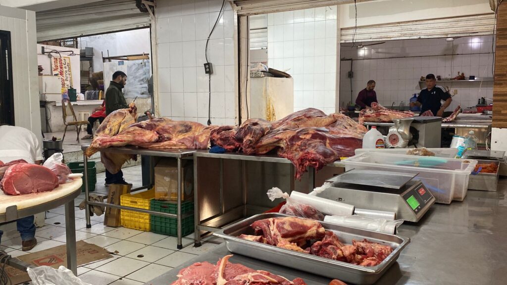 Carne cortada en pedazos puesta sobre una bandeja en exhibición