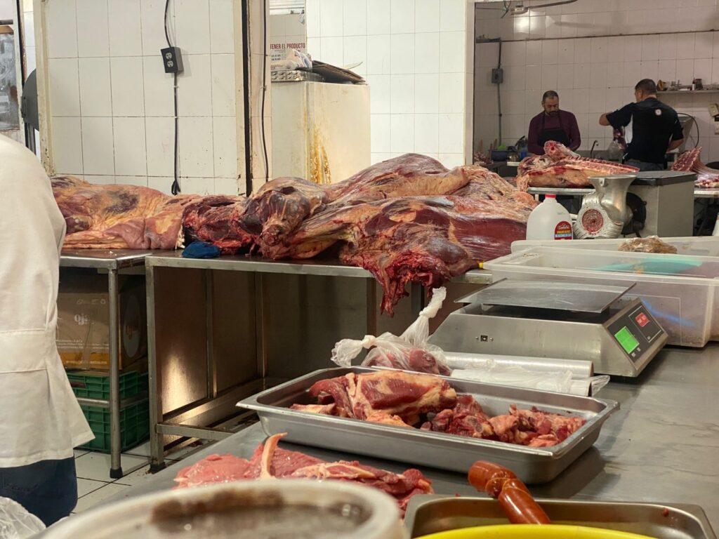 Carne cortada en pedazos puesta sobre una bandeja en exhibición