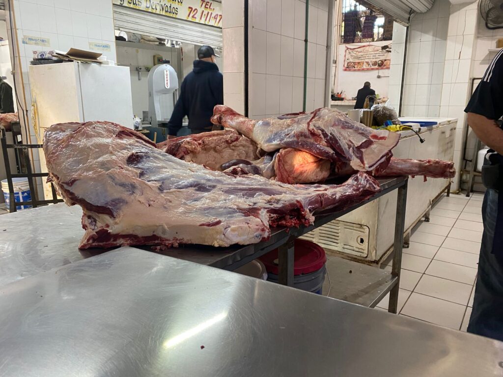 Carne cortada en pedazos puesta sobre una bandeja en exhibición