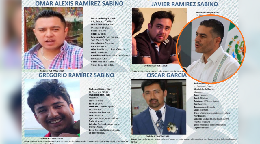 En grande fichas de búsqueda de desaparecidos y en circulo Harfuch