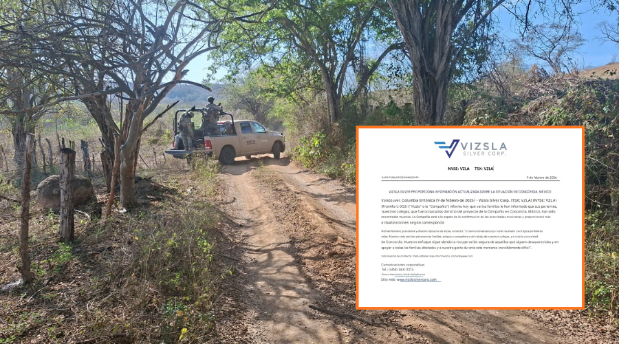 En grande elementos del ejercito mexicano en zona serrana y en un recuadro comunicado de una empresa