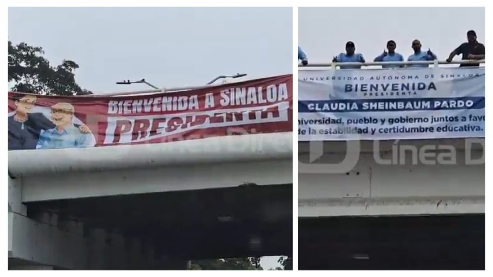 PErsonas en un puente colocando lonas de bienvenida a la presidenta de México, Claudia Sheinbaum