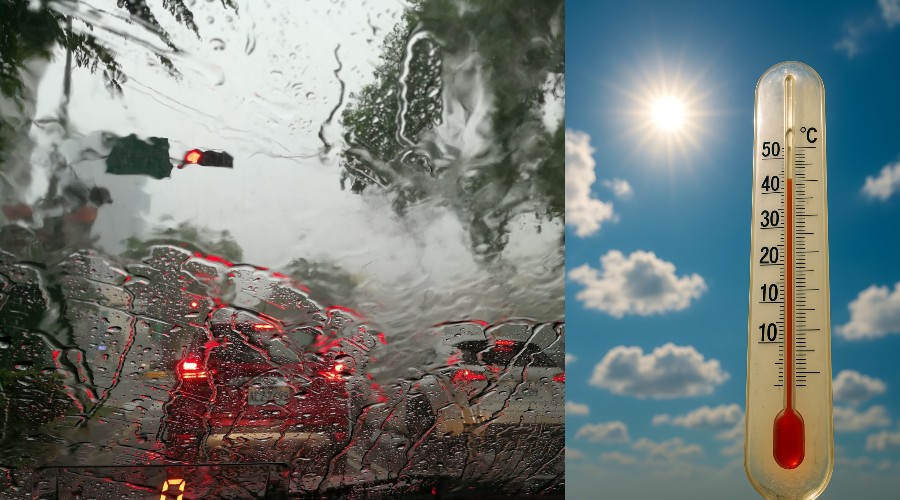 Imagen de lluvias y calor con cielo despejado con termómetro sobrepuesto
