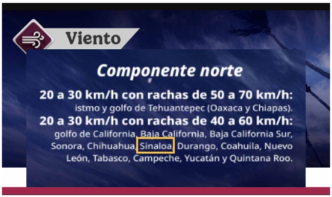 Imagen con información del pronóstico de vientos en México