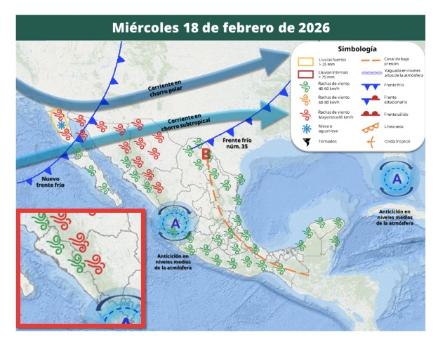Imagen satelital de México que representa la probabilidad de tormentas con flechas e íconos de viento