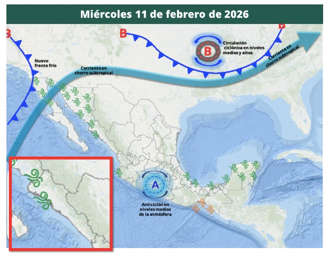 Imagen satelital de México que representa la probabilidad de tormentas con flechas e iconos de viento