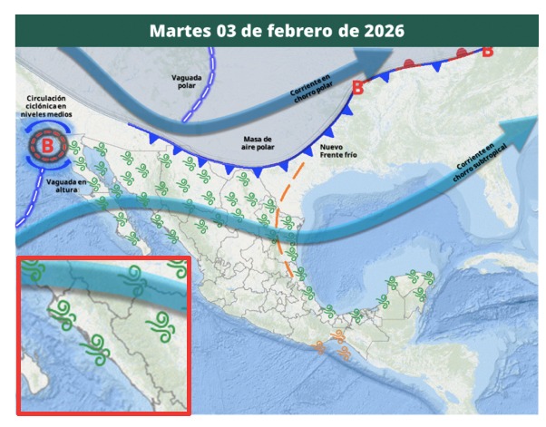 Imagen satelital de México que representa la probabilidad de tormentas con flechas e iconos de viento