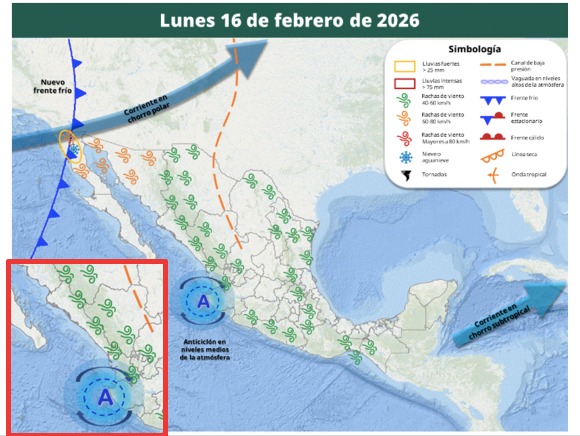 Imagen satelital de México que representa la probabilidad de tormentas con flechas e iconos de viento