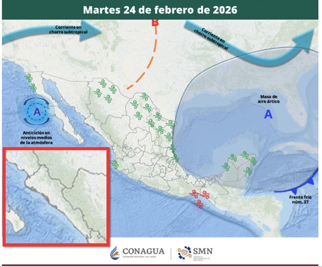 Imagen satelital de México que representa la probabilidad de tormentas con flechas e iconos de viento