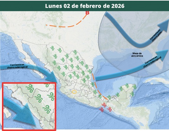 Imagen satelital de México que representa la probabilidad de tormentas con flechas e iconos de viento