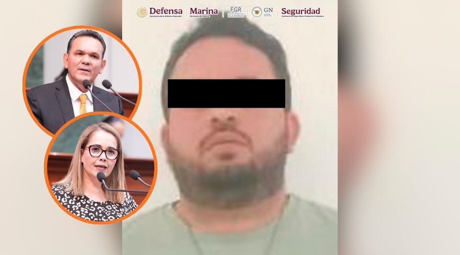 PErsona con los ojos cubiertos y en circulos los diputados de MC que sufrieron un ataque en Culiacán, Eli Montoya y Sergio Torres