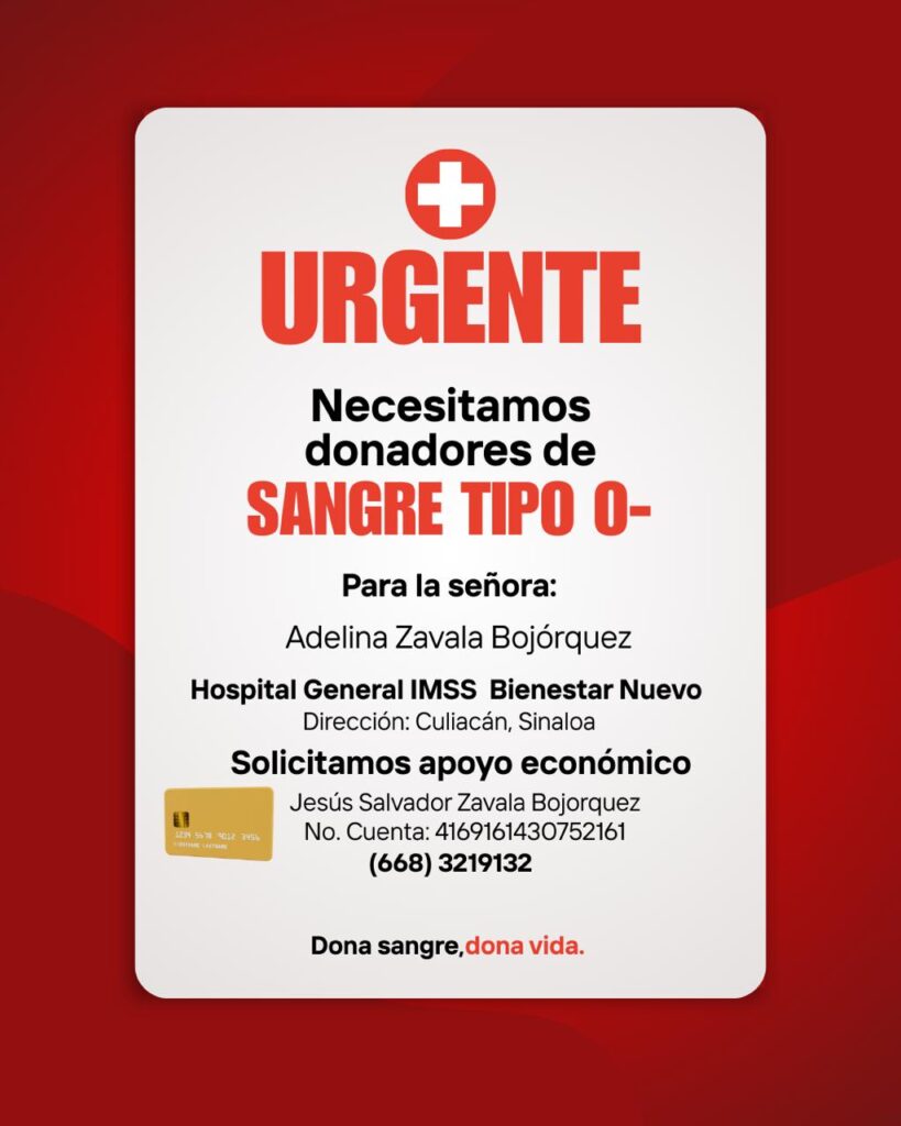 Solicitud para encontrar donadores de sangre en apoyo a Adelina.