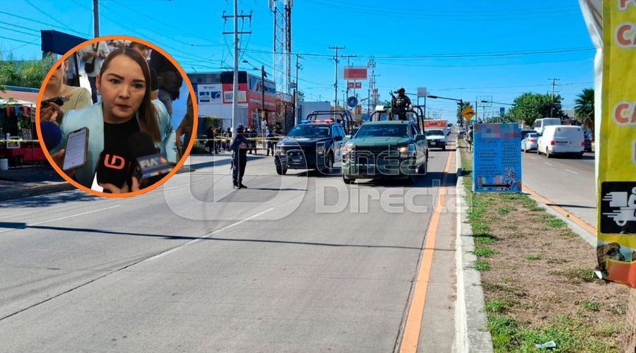 Unidades y elementos policiacos en una calle y en un círculo la fiscal Claudia Zulema