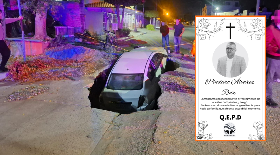 En grande auto dentro de socavón y en un recuadro mensaje luctuoso