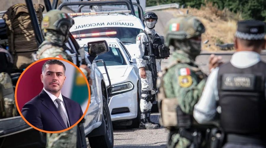Omar García Harfuch, y en el fondo militares arriba de unidades