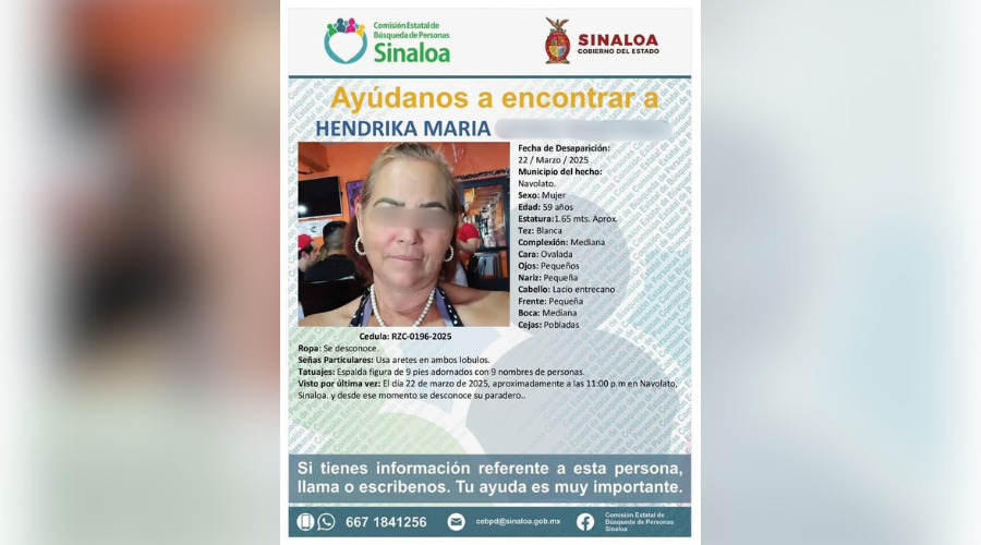 Ficha de búsqueda de mujer con los ojos y los apellidos blureados