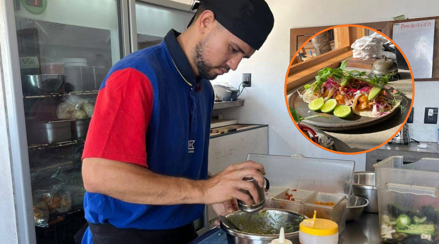 En grande hombre cocinando y en un circulo un platillo