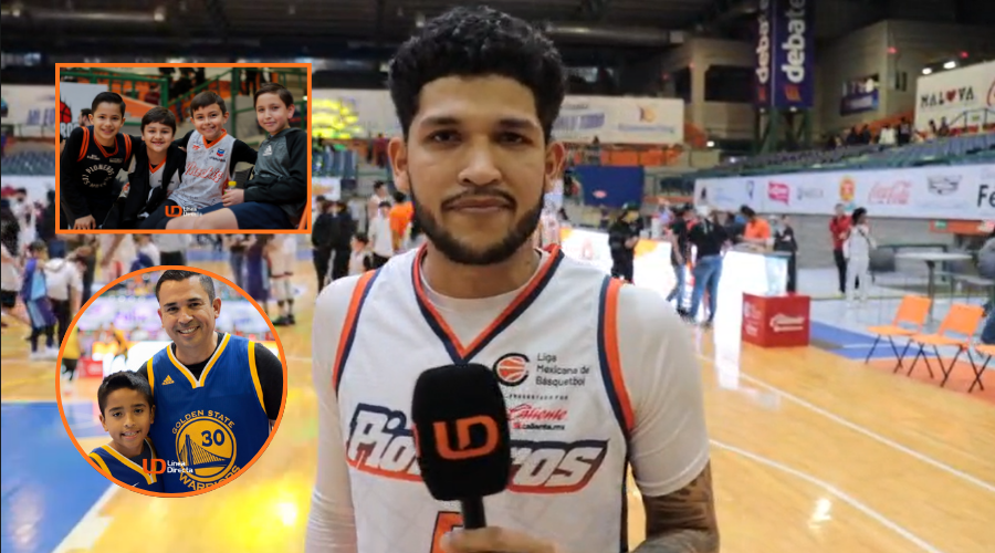 En grande jugador de Pioneros siendo entrevistado y en recuadros afición posando para la foto