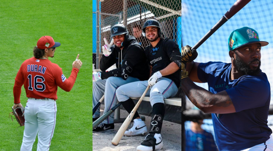 Jugadores de beisbol, uno en el jardín otro con su compañero en el banquillo y otro en caja de bateo
