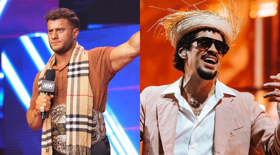 Maxwell Jacob Friedman (MJF) levantando el campeonato de AEW y Bad Bunny durante un concierto