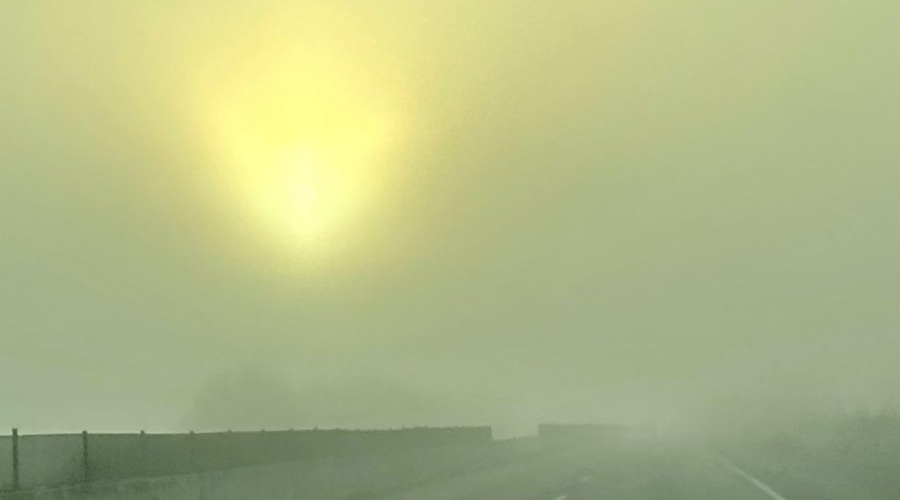 Carretera con mucha niebla y se ve la luz del sol sobresalir