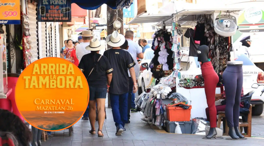 En grande comerciantes de Mazatlán y en circulo logo de carnaval de Mazatlán