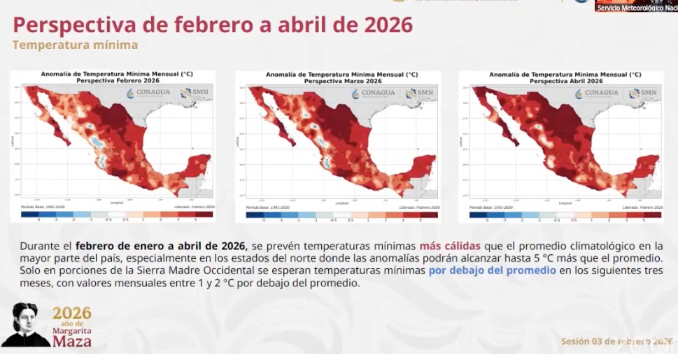 Mapas de México indicando las temperaturas mínimas más altas de febrero a abril de 2026 en el país