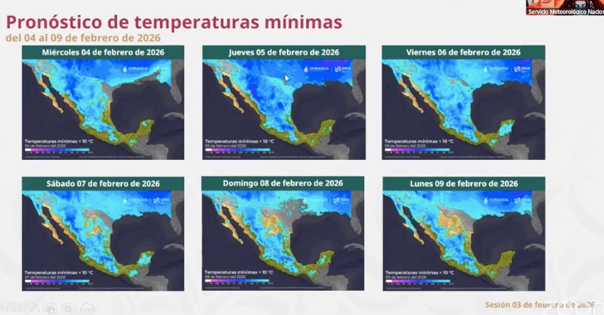 Mapas de México indicando las temperaturas mínimas de febrero a abril de 2026 con colores amarillo, verde y azul