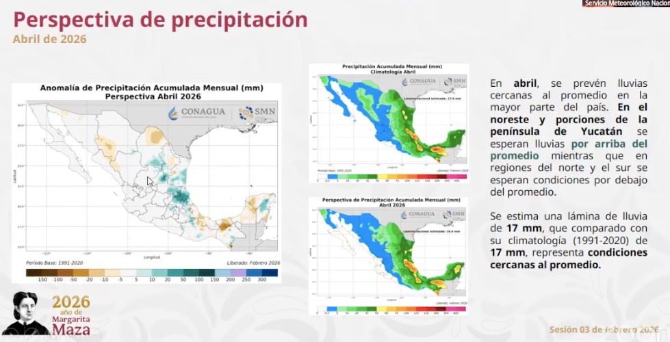 Mapas de México indicando la perspectiva de precipitación en abril 2026 con colores amarillo, verde y azul