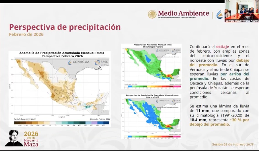 Mapas de México indicando la perspectiva de precipitación en febrero 2026 con colores amarillo, verde y azul