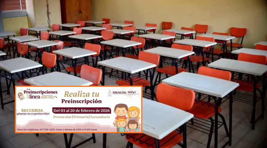 En grande aula vacía y en un recuadro banner oficial de las preinscripciones en sinaloa