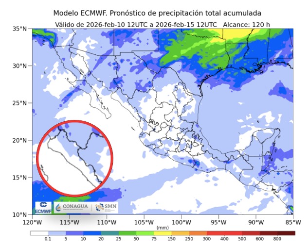Imagen satelital de México que representa lluvias con colores verdes y azules que indica pronóstico bajo de precipitaciones