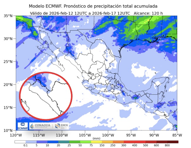Imagen satelital de México que representa lluvias con colores verdes y azules que indica pronóstico de precipitaciones