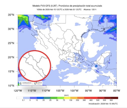 Imagen satelital de México que representa lluvias con colores verdes y azules que indica pronóstico bajo de precipitaciones