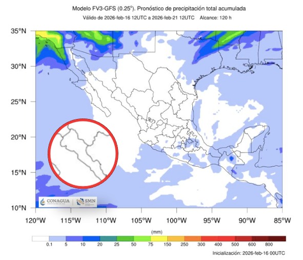 Imagen satelital de México que representa lluvias con colores verdes y azules que indica pronóstico de precipitaciones