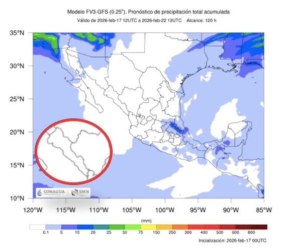 Imagen satelital de México que representa lluvias con colores verdes y azules que indica pronóstico de precipitaciones