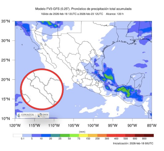 Imagen satelital de México que representa lluvias con colores verdes y azules que indica pronóstico de precipitaciones