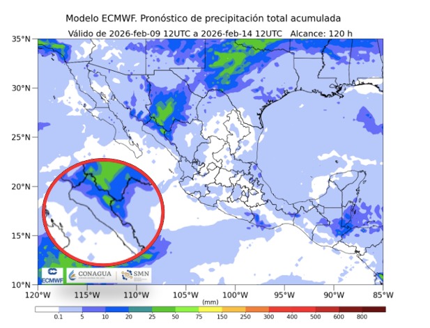 Imagen satelital de México que representa lluvias con colores verdes y azules que indica pronóstico de precipitaciones