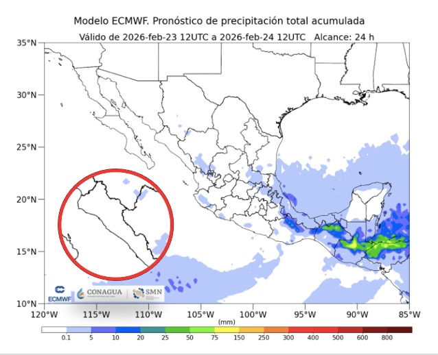 Imagen satelital de México que representa lluvias con colores verdes y azules que indica pronóstico de precipitaciones