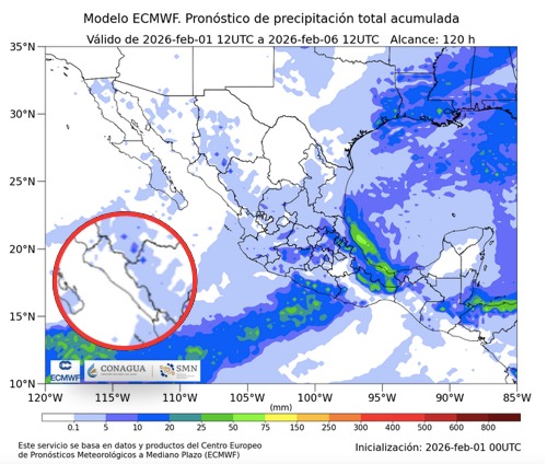 Imagen satelital de México que representa lluvias con colores verdes y azules que indica pronóstico de precipitaciones
