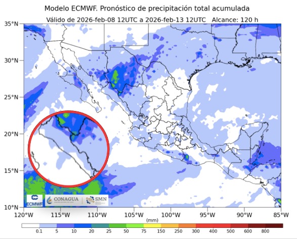 Imagen satelital de México que representa lluvias con colores verdes y azules que indica pronóstico de precipitaciones