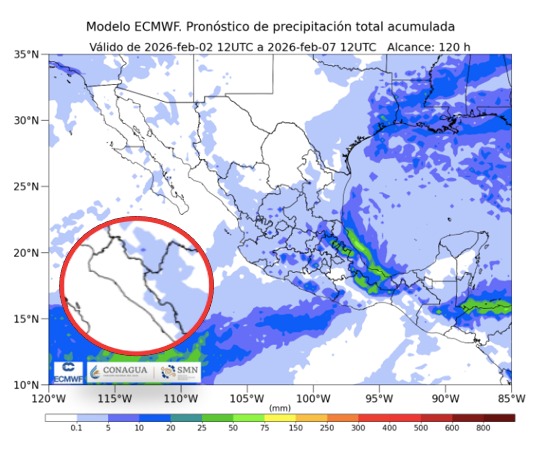 Imagen satelital de México que representa lluvias con colores verdes y azules que indica pronóstico de precipitaciones