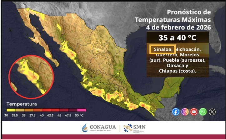 Mapa de México con tonos naranjas y verdes indicando las temperaturas máximas el 4 de febrero de 2026